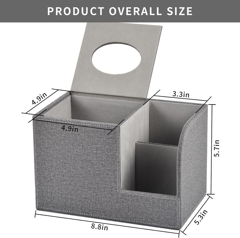 XNONE Square Tissue Box Cover Organizer,PU Leather Cube Tissue Box Holder with 2-Compartment Storage Box,Tissue and Remote Control Holder,Decorative Tissue Box Bedroom NightStand Office Tabletop,Grey - Image 2